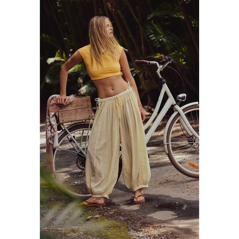 Free People Playa Party Balloon Pants Yellow Boho Beachy Women's Sz M NWT B4
